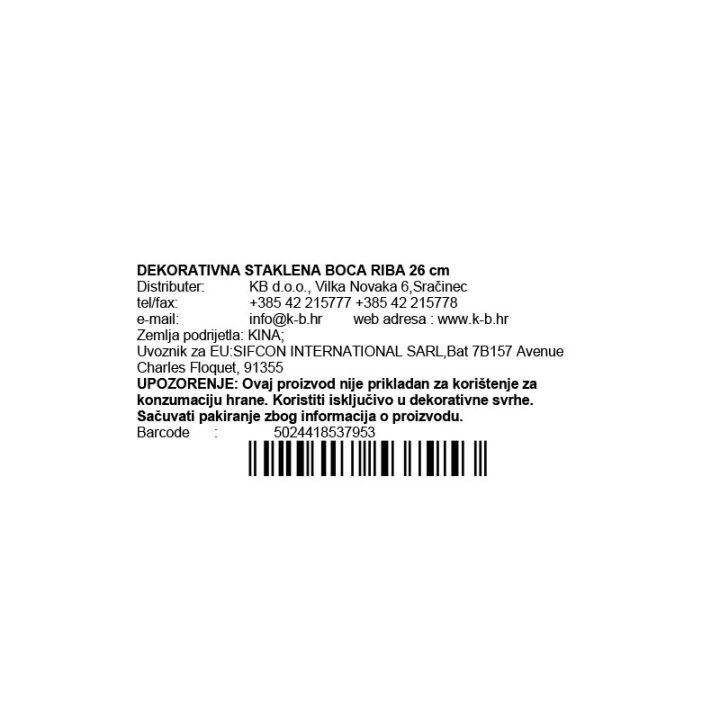 DEKORATIVNA STAKLENA BOCA RIBA 26 cm