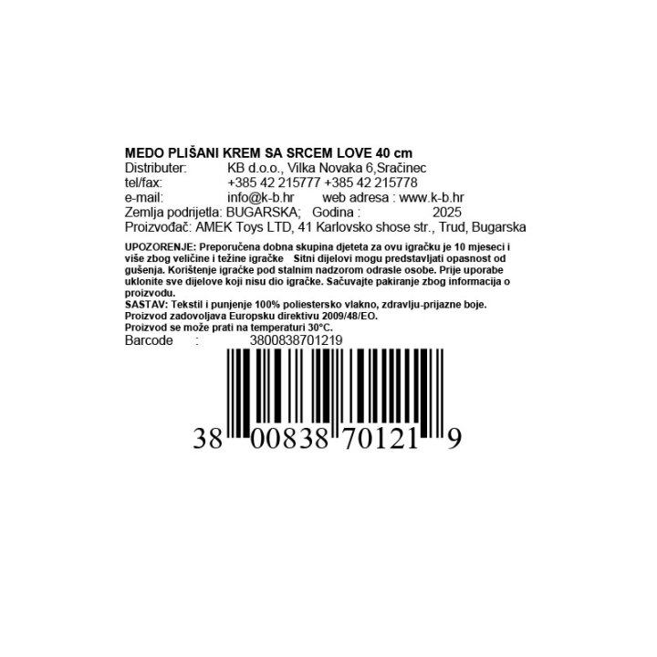 MEDO PLIŠANI KREM SA SRCEM LOVE 40 cm