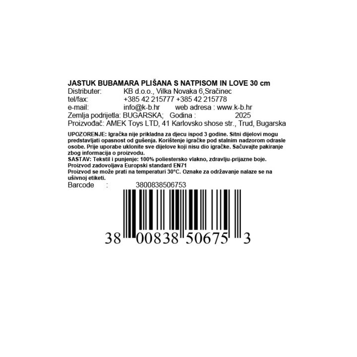 JASTUK BUBAMARA PLIŠANA S NATPISOM IN LOVE 30 cm