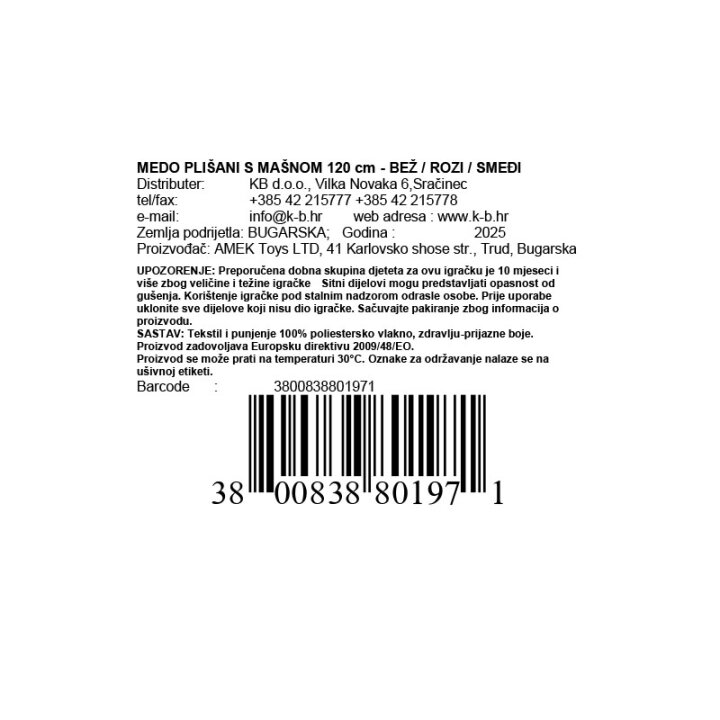 MEDO PLIŠANI S MAŠNOM 120 cm - BEŽ / ROZI / SMEĐI