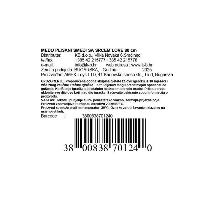 MEDO PLIŠANI SMEĐI SA SRCEM LOVE 80 cm