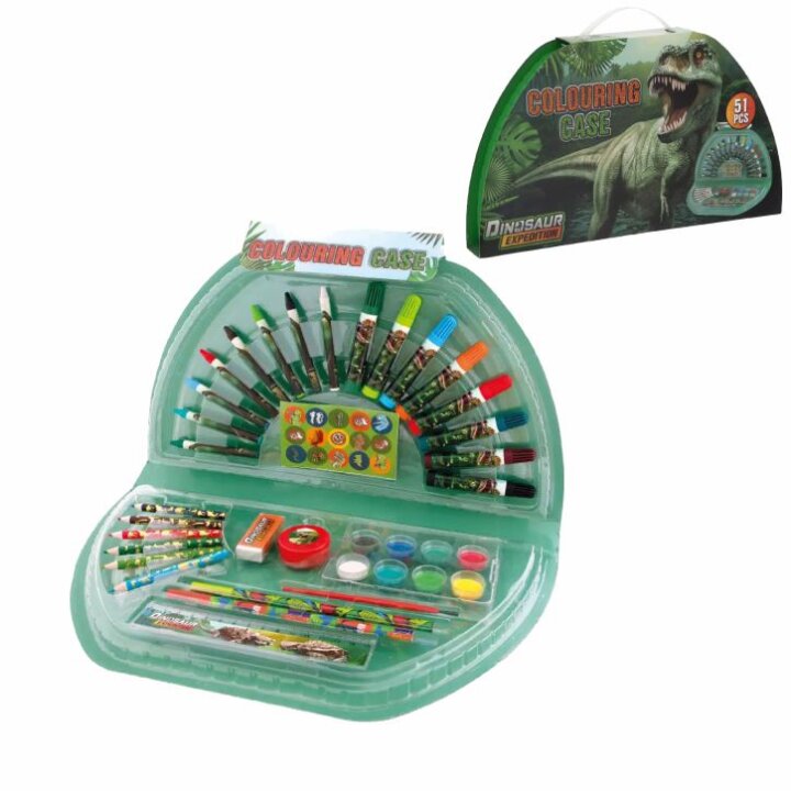 DINOSAUR SET ZA CRTANJE 51 DIJELNI SA DRVENIM, VOŠTANIM I VODENIM BOJICAMA