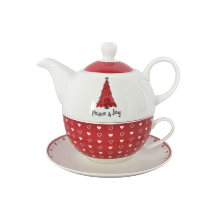 ČAJNIK SA ŠALICOM I TANJURIĆEM PORCULAN - BOŽIĆNI DEKOR - PEACE & JOY