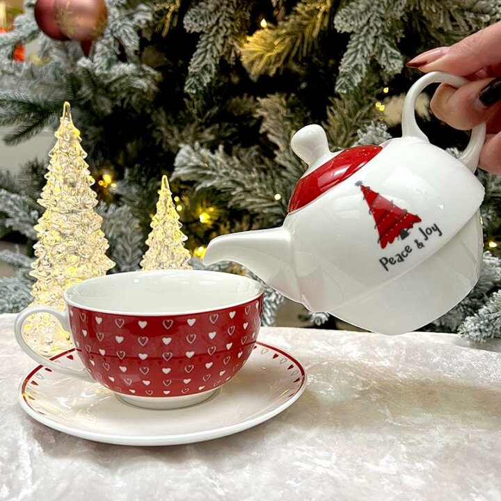 ČAJNIK SA ŠALICOM I TANJURIĆEM PORCULAN - BOŽIĆNI DEKOR - PEACE & JOY