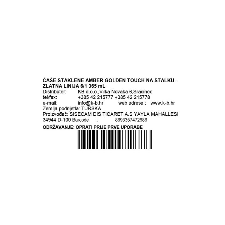 ČAŠE STAKLENE AMBER GOLDEN TOUCH NA STALKU - ZLATNA LINIJA 6/1 365 mL