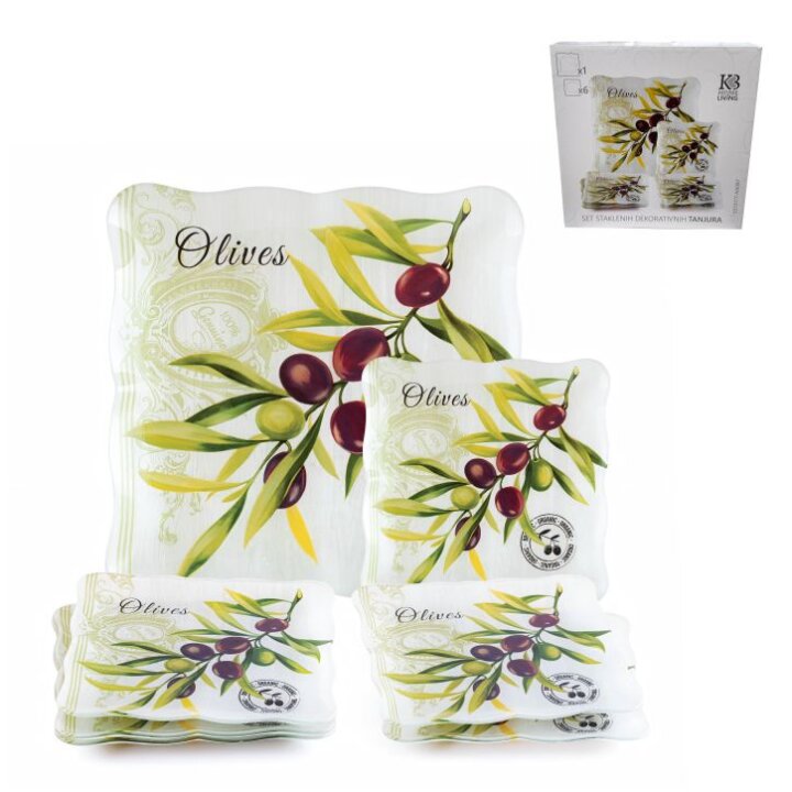 STAKLENI DEKORATIVNI 7 DIJELNI SET TANJURA OLIVE HARMONY 30,5 / 18 cm