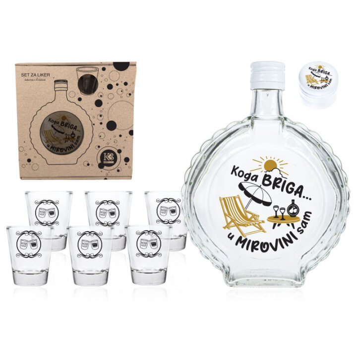 SET ZA LIKER S TISKOM Koga briga... u mirovini sam ČUTURA 0,7L I ČAŠICE 6/1 U PO