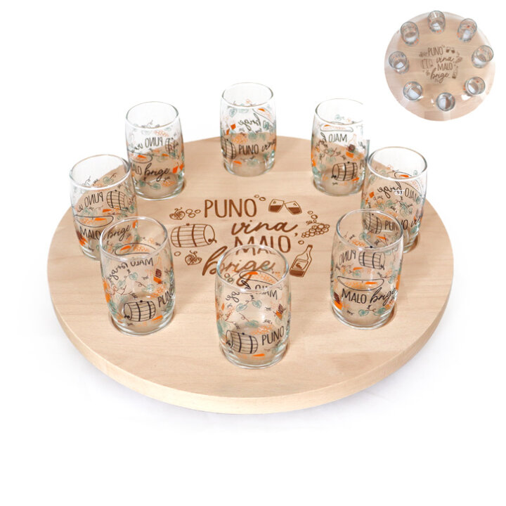 OKRETNA DASKA fi 40 cm SA 8 ČAŠA 200 ml S TISKOM I GRAVUROM Puno vina,malo brige