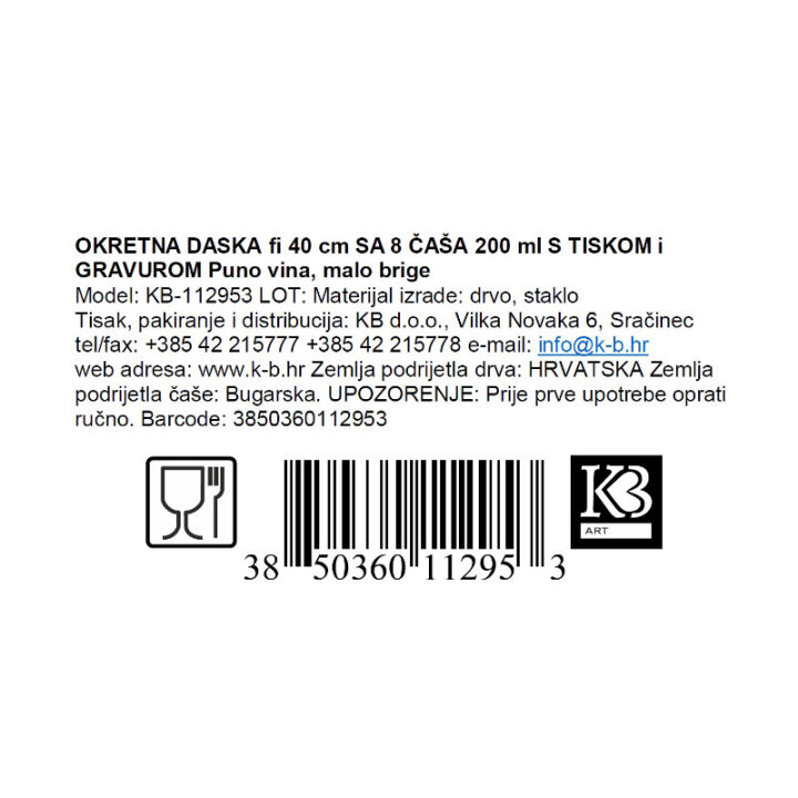 OKRETNA DASKA fi 40 cm SA 8 ČAŠA 200 ml S TISKOM I GRAVUROM Puno vina,malo brige