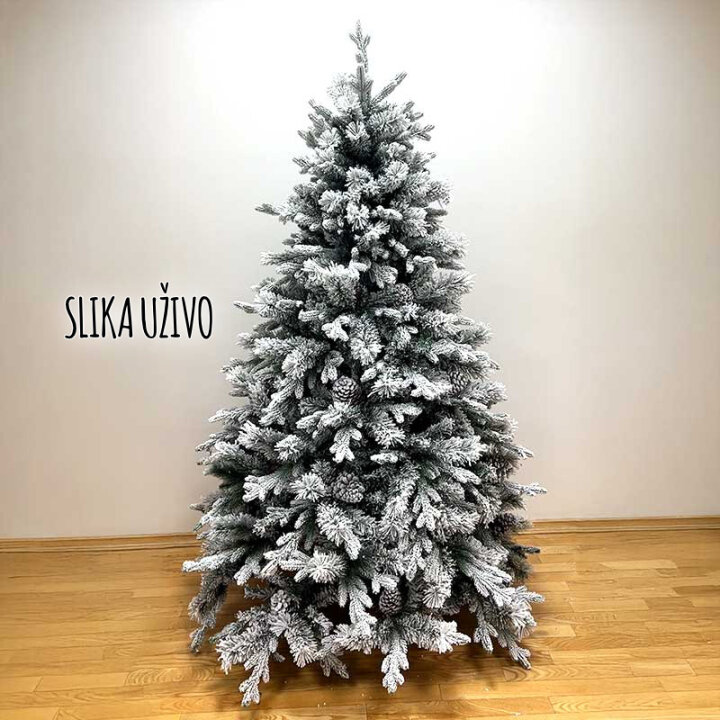 BOŽIĆNO DRVCE AURORA SA SNIJEGOM, ČEŠERIMA I METALNIM STALKOM 210 cm