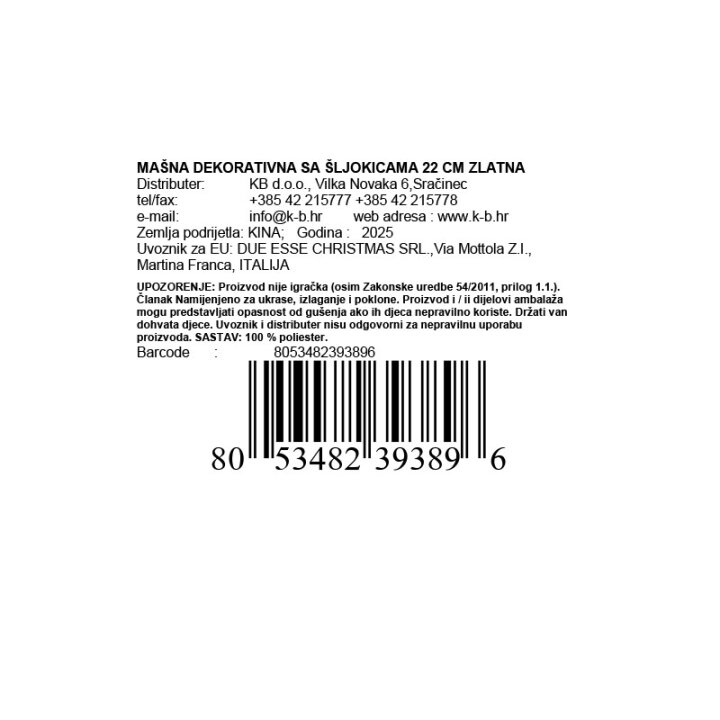 MAŠNA DEKORATIVNA SA ŠLJOKICAMA 22 CM ZLATNA