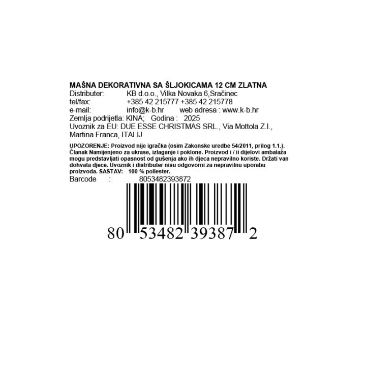 MAŠNA DEKORATIVNA SA ŠLJOKICAMA 12 CM ZLATNA