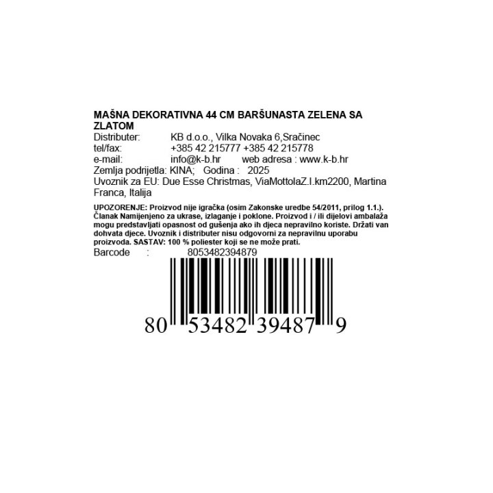 MAŠNA DEKORATIVNA 44 CM BARŠUNASTA ZELENA SA ZLATOM