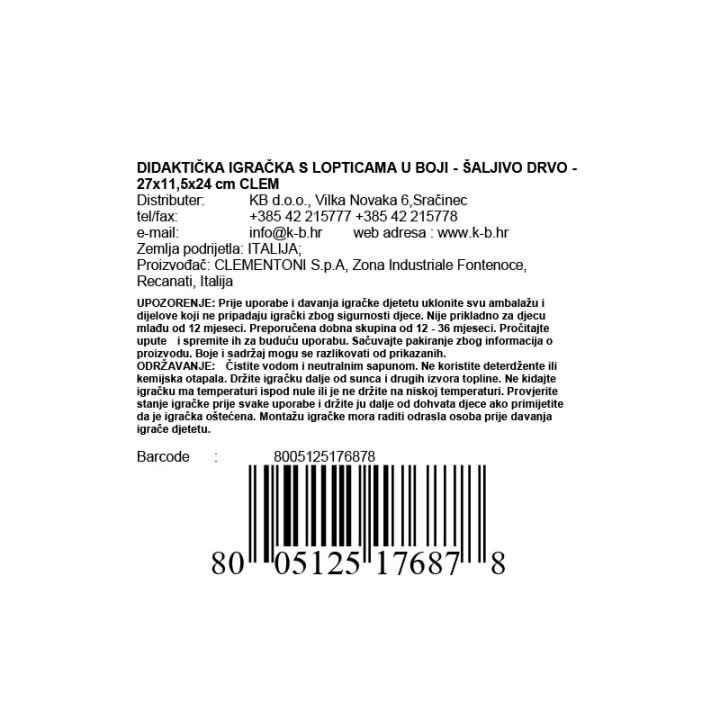 DIDAKTIČKA IGRAČKA S LOPTICAMA U BOJI - ŠALJIVO DRVO - 27x11,5x24 cm CLEMENTONI