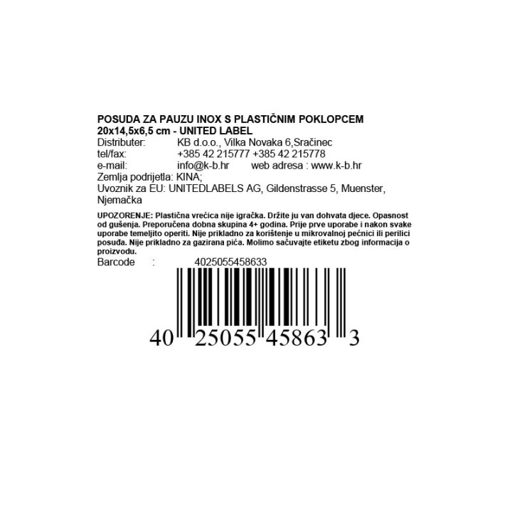 POSUDA INOX S PLASTIČNIM POKLOPCEM 20x14,5x6,5 cm - UNITED LABELS