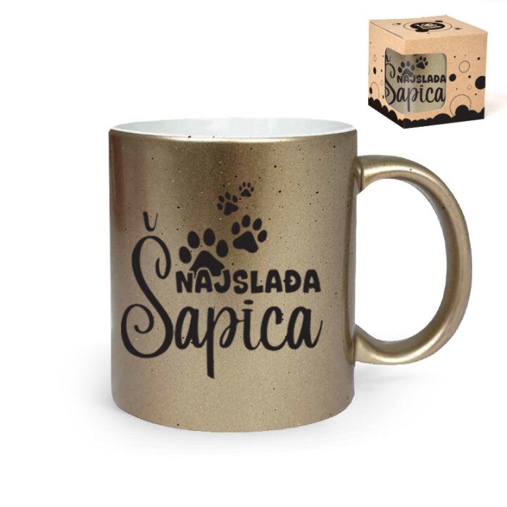 ŠALICA KERAMIČKA S TISKOM U POKLON KUTIJI GLITER ZLATNA TOČKICE Najslađa šapica