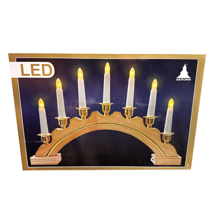 SVIJEĆNJAK SA 7 LED SVIJEĆA NA BATERIJE DRVENO-ZLATNI 44x29 cm