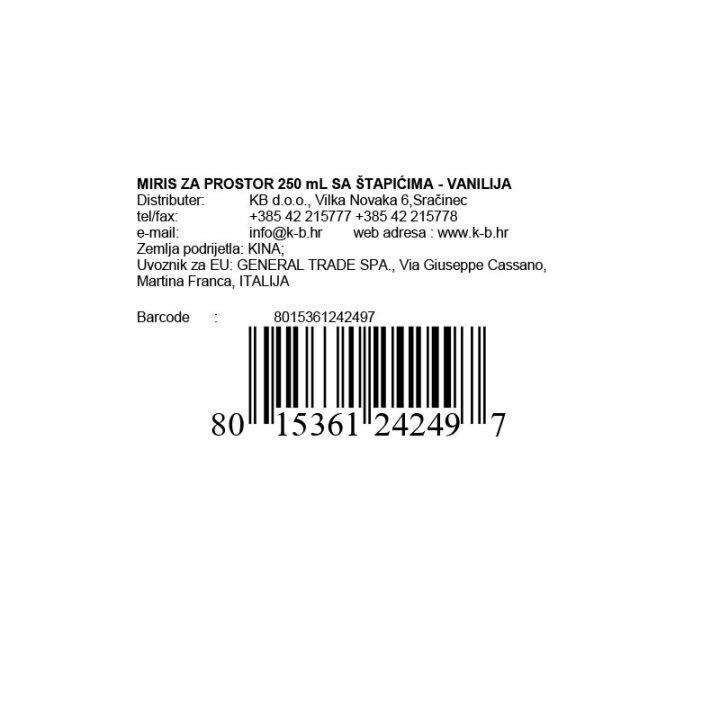 MIRIS ZA PROSTOR 250 mL SA ŠTAPIĆIMA - VANILIJA