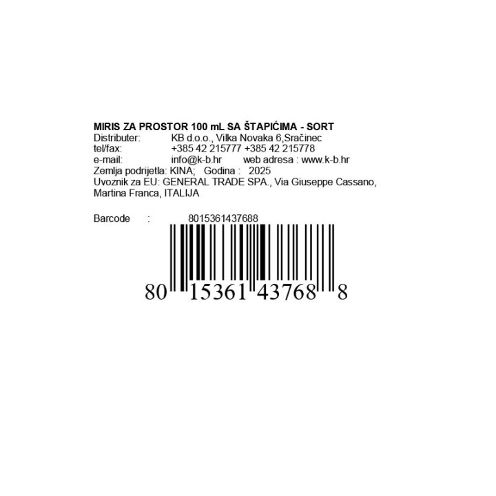 MIRIS ZA PROSTOR 100 mL SA ŠTAPIĆIMA - SORT