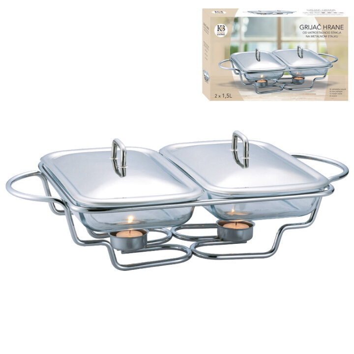GRIJAČ ZA HRANU VATROSTALNI ČETVRTASTI DUPLI S POKLOPCIMA 2x1,5 L METALNI STALAK