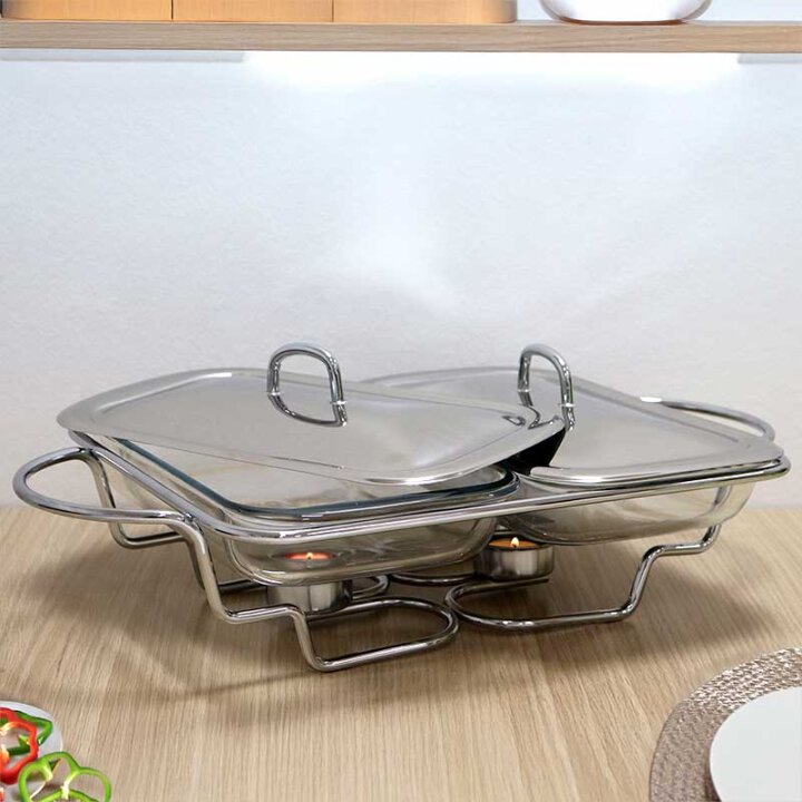 GRIJAČ ZA HRANU VATROSTALNI ČETVRTASTI DUPLI S POKLOPCIMA 2x1,5 L METALNI STALAK