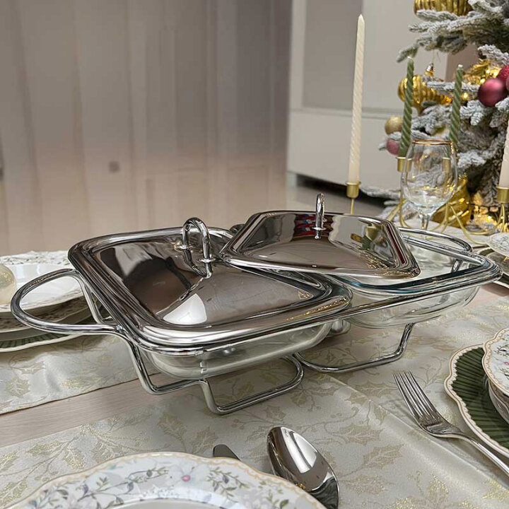 GRIJAČ ZA HRANU VATROSTALNI ČETVRTASTI DUPLI S POKLOPCIMA 2x1,5 L METALNI STALAK