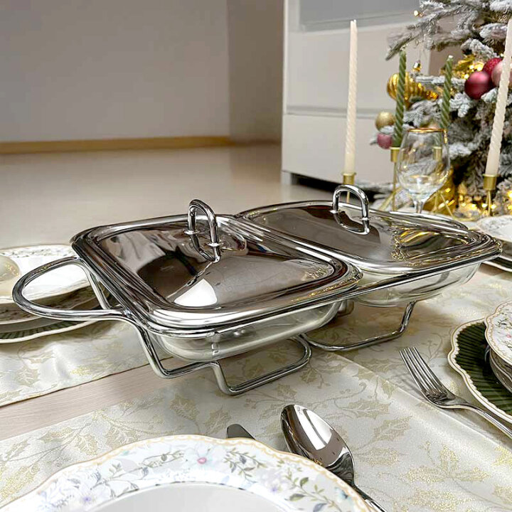 GRIJAČ ZA HRANU VATROSTALNI ČETVRTASTI DUPLI S POKLOPCIMA 2x1,5 L METALNI STALAK