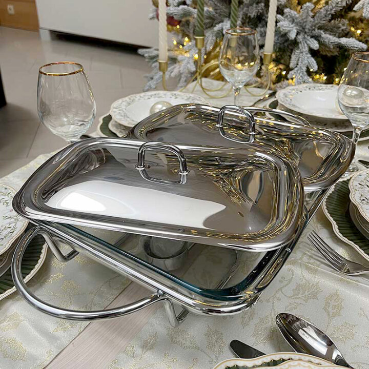 GRIJAČ ZA HRANU VATROSTALNI ČETVRTASTI DUPLI S POKLOPCIMA 2x1,5 L METALNI STALAK