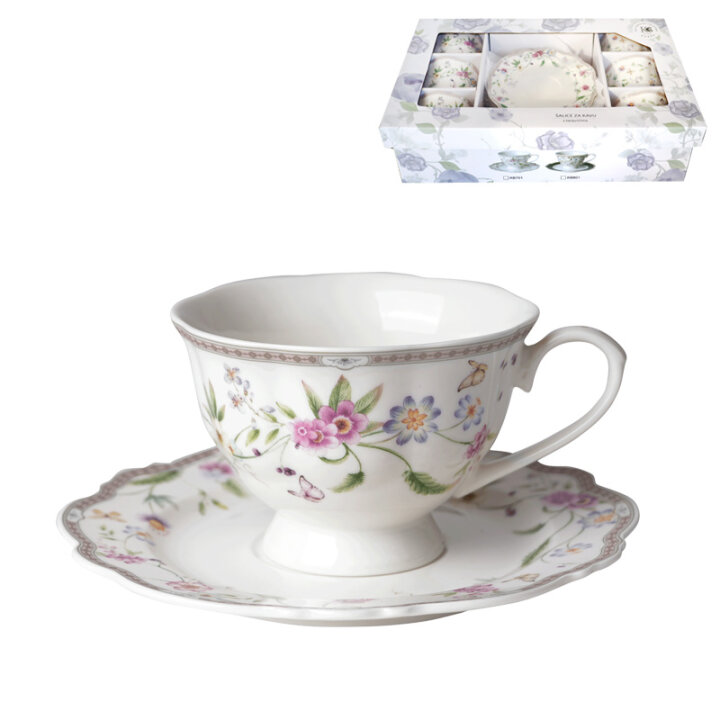 ŠALICE S TANJURIĆIMA NEW BONE PETITE GARDEN PORCULAN DEKORIRANE 6/1 200 mL - VALOVITI RUB