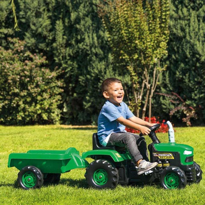 Dječji traktor na pedale s prikolicom, zelene boje